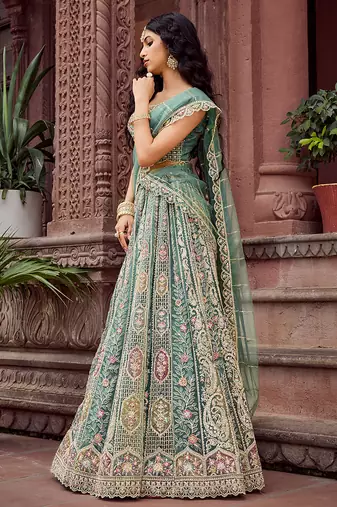 Limegreen Net Fabric Sequins embroidery Semi Stitched Lehenga & Unstitched Blouse With Dupatta