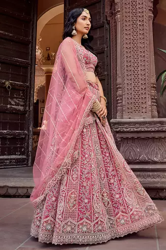 Rosegold Net Fabric Sequins embroidery Semi Stitched Lehenga & Unstitched Blouse With Dupatta