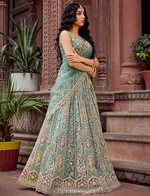 Limegreen Net Fabric Sequins embroidery Semi Stitched Lehenga & Unstitched Blouse With Dupatta 5