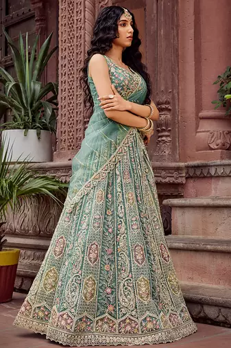 Limegreen Net Fabric Sequins embroidery Semi Stitched Lehenga & Unstitched Blouse With Dupatta