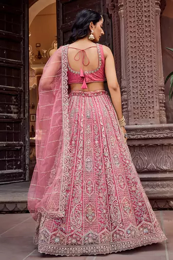 Rosegold Net Fabric Sequins embroidery Semi Stitched Lehenga & Unstitched Blouse With Dupatta