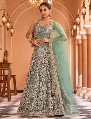 Limegreen Net Fabric Sequins embroidery Semi Stitched Lehenga & Unstitched Blouse With Dupatta 1