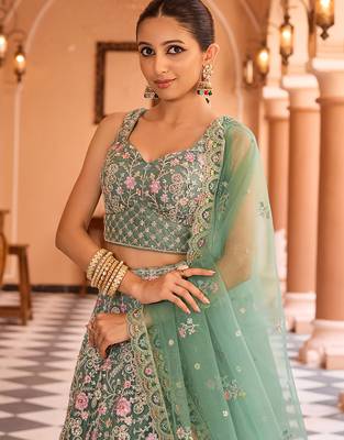 Limegreen Net Fabric Sequins embroidery Semi Stitched Lehenga & Unstitched Blouse With Dupatta 2