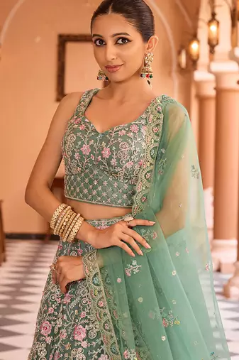 Limegreen Net Fabric Sequins embroidery Semi Stitched Lehenga & Unstitched Blouse With Dupatta