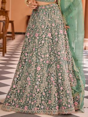 Limegreen Net Fabric Sequins embroidery Semi Stitched Lehenga & Unstitched Blouse With Dupatta 3