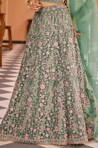 Limegreen Net Fabric Sequins embroidery Semi Stitched Lehenga & Unstitched Blouse With Dupatta
