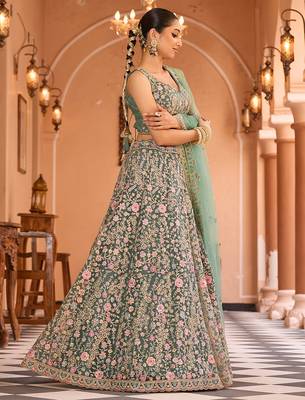 Limegreen Net Fabric Sequins embroidery Semi Stitched Lehenga & Unstitched Blouse With Dupatta 4