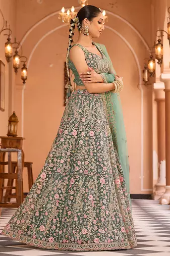 Limegreen Net Fabric Sequins embroidery Semi Stitched Lehenga & Unstitched Blouse With Dupatta