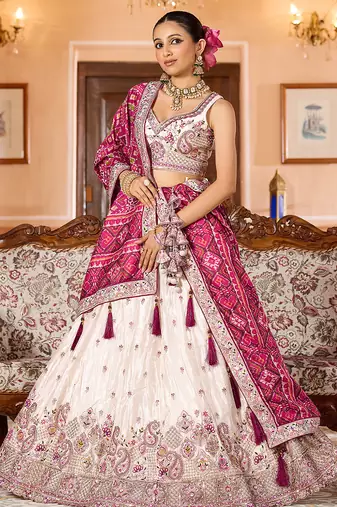 Cream Tissue Fabric Sequins embroidery Semi Stitched Lehenga & Unstitched Blouse With Maroon Color Dupatta