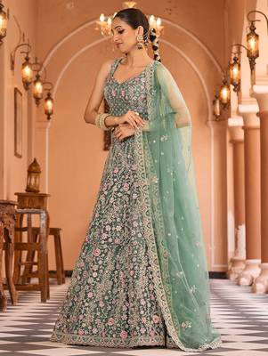 Limegreen Net Fabric Sequins embroidery Semi Stitched Lehenga & Unstitched Blouse With Dupatta 5