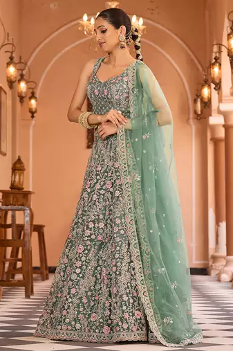Limegreen Net Fabric Sequins embroidery Semi Stitched Lehenga & Unstitched Blouse With Dupatta