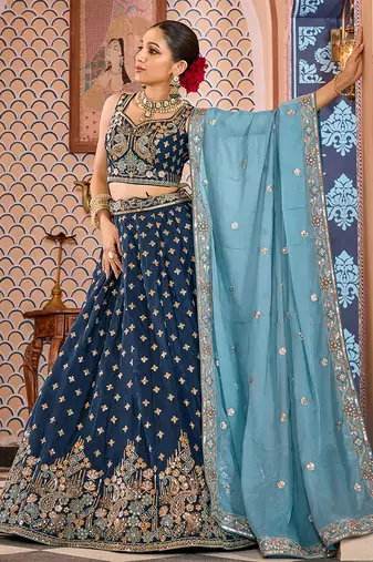 Navyblue Tissue Silk Fabric Sequins embroidery Semi Stitched Lehenga & Unstitched Blouse With Dupatta
