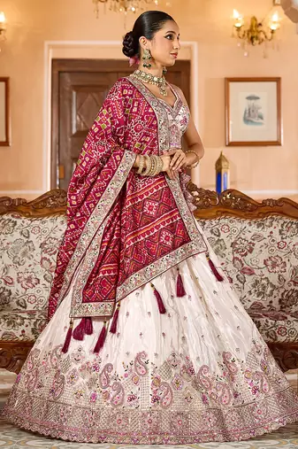 Cream Tissue Fabric Sequins embroidery Semi Stitched Lehenga & Unstitched Blouse With Maroon Color Dupatta