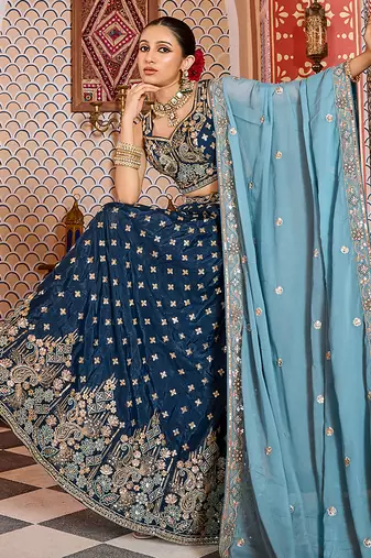 Navyblue Tissue Silk Fabric Sequins embroidery Semi Stitched Lehenga & Unstitched Blouse With Dupatta