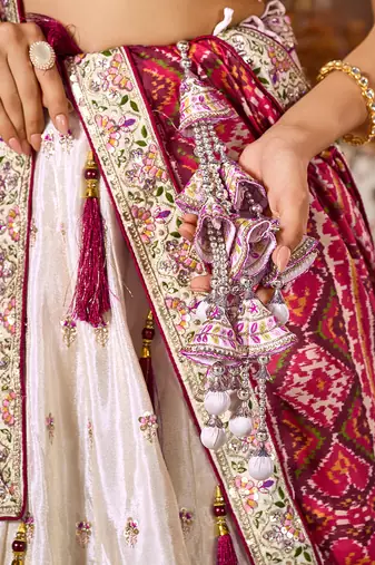 Cream Tissue Fabric Sequins embroidery Semi Stitched Lehenga & Unstitched Blouse With Maroon Color Dupatta