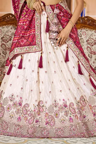 Cream Tissue Fabric Sequins embroidery Semi Stitched Lehenga & Unstitched Blouse With Maroon Color Dupatta