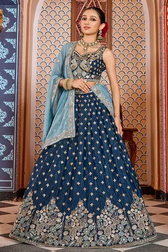 Navyblue Tissue Silk Fabric Sequins embroidery Semi Stitched Lehenga & Unstitched Blouse With Dupatta
