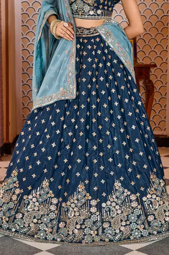 Navyblue Tissue Silk Fabric Sequins embroidery Semi Stitched Lehenga & Unstitched Blouse With Dupatta