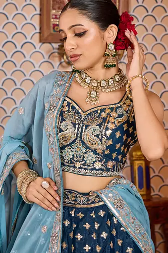 Navyblue Tissue Silk Fabric Sequins embroidery Semi Stitched Lehenga & Unstitched Blouse With Dupatta