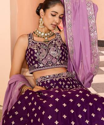 Burgundy Tissue Silk Fabric Sequins embroidery Semi Stitched Lehenga & Unstitched Blouse With Dupatta 2