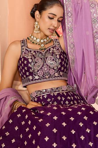 Burgundy Tissue Silk Fabric Sequins embroidery Semi Stitched Lehenga & Unstitched Blouse With Dupatta
