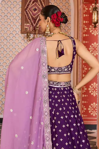 Burgundy Tissue Silk Fabric Sequins embroidery Semi Stitched Lehenga & Unstitched Blouse With Dupatta