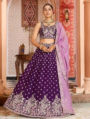 Burgundy Tissue Silk Fabric Sequins embroidery Semi Stitched Lehenga & Unstitched Blouse With Dupatta 1