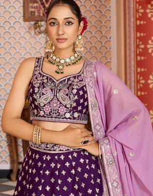Burgundy Tissue Silk Fabric Sequins embroidery Semi Stitched Lehenga & Unstitched Blouse With Dupatta 5