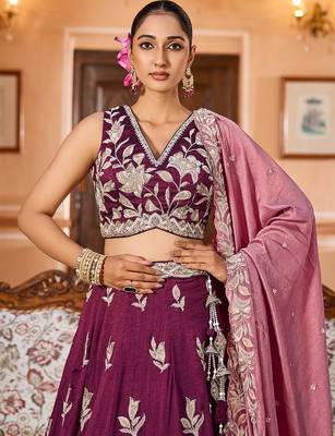 Burgundy Silk Fabric Sequins embroidery Semi Stitched Lehenga & Unstitched Blouse With Dupatta 2