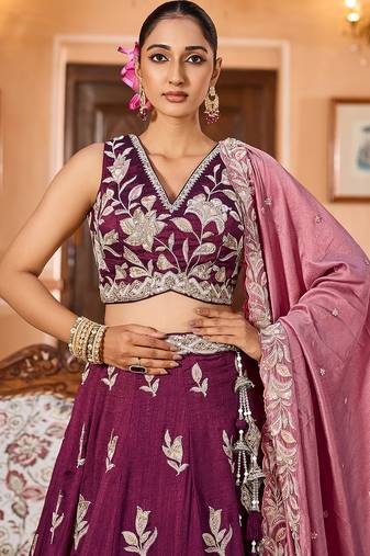 Burgundy Silk Fabric Sequins embroidery Semi Stitched Lehenga & Unstitched Blouse With Dupatta