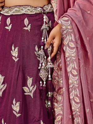 Burgundy Silk Fabric Sequins embroidery Semi Stitched Lehenga & Unstitched Blouse With Dupatta 3