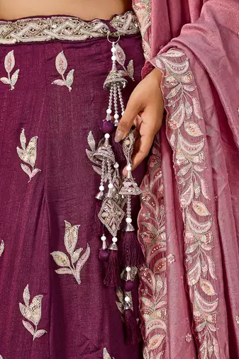 Burgundy Silk Fabric Sequins embroidery Semi Stitched Lehenga & Unstitched Blouse With Dupatta