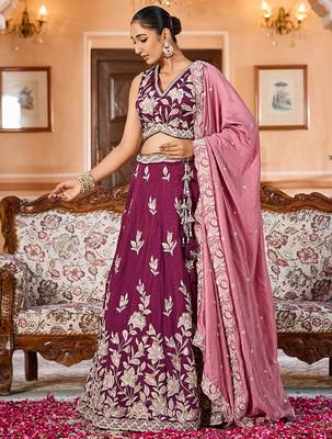 Burgundy Silk Fabric Sequins embroidery Semi Stitched Lehenga & Unstitched Blouse With Dupatta 4