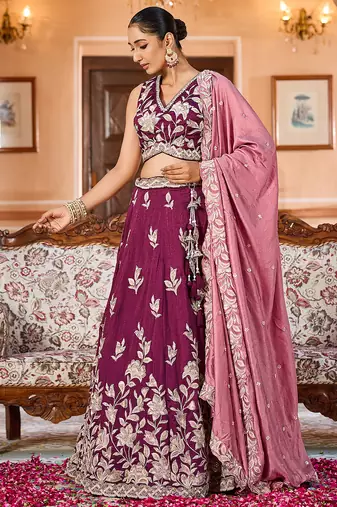 Burgundy Silk Fabric Sequins embroidery Semi Stitched Lehenga & Unstitched Blouse With Dupatta