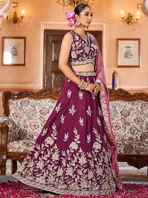 Burgundy Silk Fabric Sequins embroidery Semi Stitched Lehenga & Unstitched Blouse With Dupatta 5