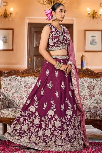 Burgundy Silk Fabric Sequins embroidery Semi Stitched Lehenga & Unstitched Blouse With Dupatta