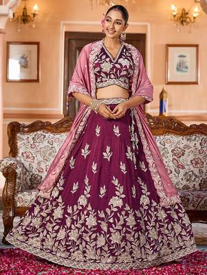 Burgundy Silk Fabric Sequins embroidery Semi Stitched Lehenga & Unstitched Blouse With Dupatta 1