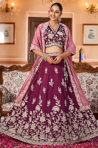 Burgundy Silk Fabric Sequins embroidery Semi Stitched Lehenga & Unstitched Blouse With Dupatta