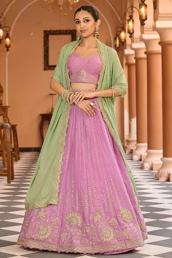 Pink Tissue Silk Fabric Sequins embroidery Semi Stitched Lehenga & Unstitched Blouse With Dupatta