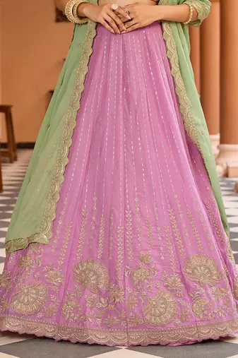 Pink Tissue Silk Fabric Sequins embroidery Semi Stitched Lehenga & Unstitched Blouse With Dupatta