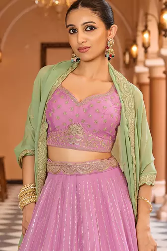 Pink Tissue Silk Fabric Sequins embroidery Semi Stitched Lehenga & Unstitched Blouse With Dupatta