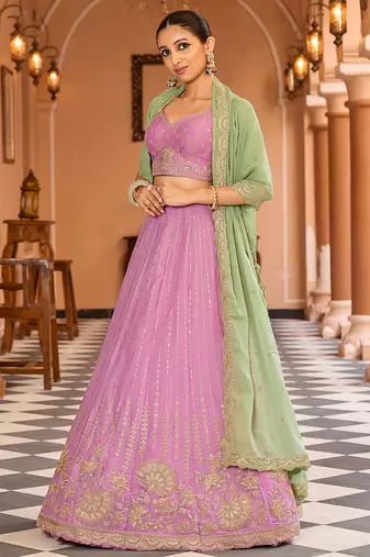 Pink Tissue Silk Fabric Sequins embroidery Semi Stitched Lehenga & Unstitched Blouse With Dupatta