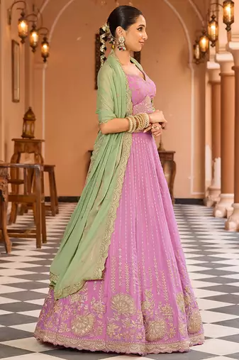 Pink Tissue Silk Fabric Sequins embroidery Semi Stitched Lehenga & Unstitched Blouse With Dupatta