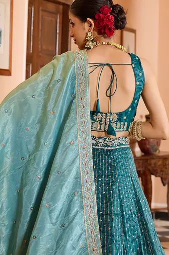 Teal Tissue Silk Fabric Sequins embroidery Semi Stitched Lehenga & Unstitched Blouse With Dupatta