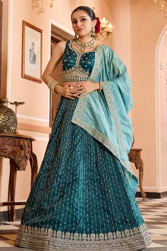 Teal Tissue Silk Fabric Sequins embroidery Semi Stitched Lehenga & Unstitched Blouse With Dupatta