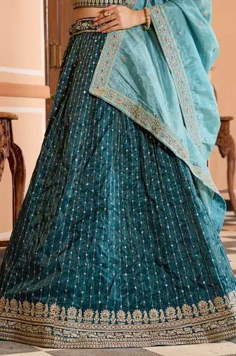 Teal Tissue Silk Fabric Sequins embroidery Semi Stitched Lehenga & Unstitched Blouse With Dupatta