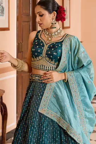 Teal Tissue Silk Fabric Sequins embroidery Semi Stitched Lehenga & Unstitched Blouse With Dupatta