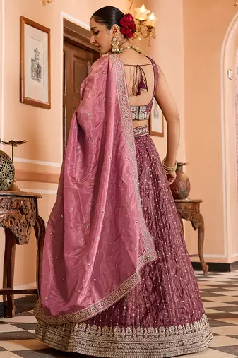 Rosegold Tissue Silk Fabric Sequins embroidery Semi Stitched Lehenga & Unstitched Blouse With Dupatta