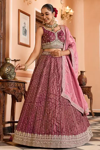 Rosegold Tissue Silk Fabric Sequins embroidery Semi Stitched Lehenga & Unstitched Blouse With Dupatta