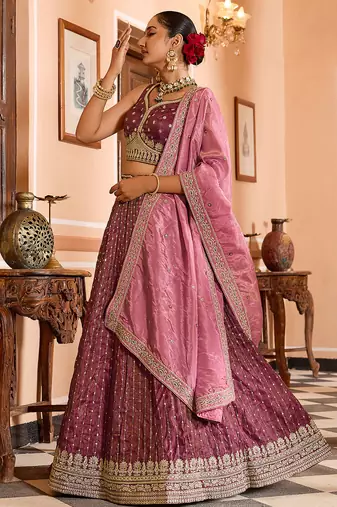 Rosegold Tissue Silk Fabric Sequins embroidery Semi Stitched Lehenga & Unstitched Blouse With Dupatta